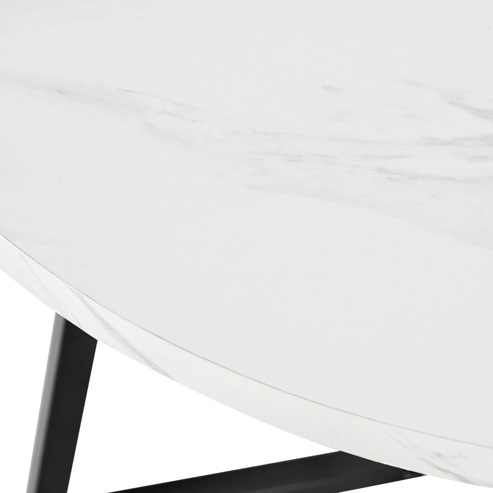 Set Tavolo da Pranzo Rotondo con 4 Sedie ¨C Xylo ¨C Piano MDF Bianco, Gambe Metallo Nero, Sedute Velluto, ?80 cm