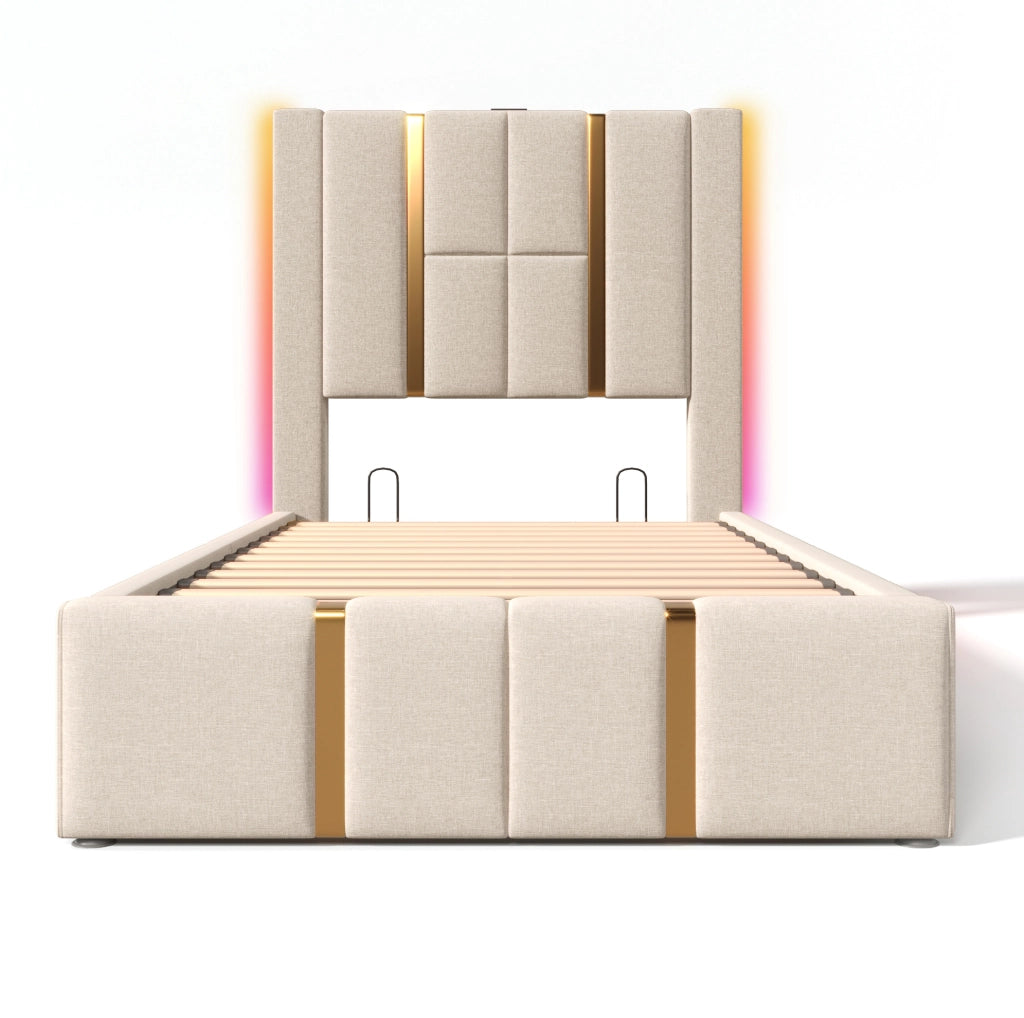 Letto imbottito 90x200 con materasso, LED RGB, USB Tipo C e contenitore