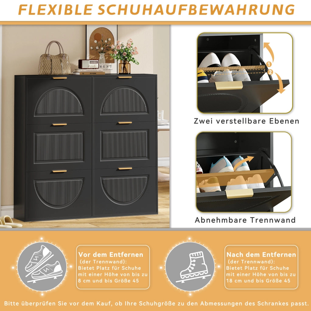 Armadio portascarpe con 6 ribalte; design curvo; 118x25x115 cm; MDF nero