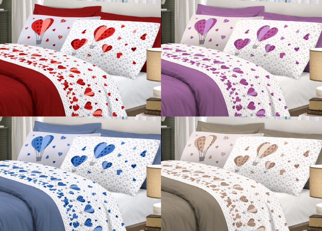 Completo Lenzuola Linea Pensieri Delicati 100% Cotone Disegno Mongolfiera - Matrimoniale - Glicine