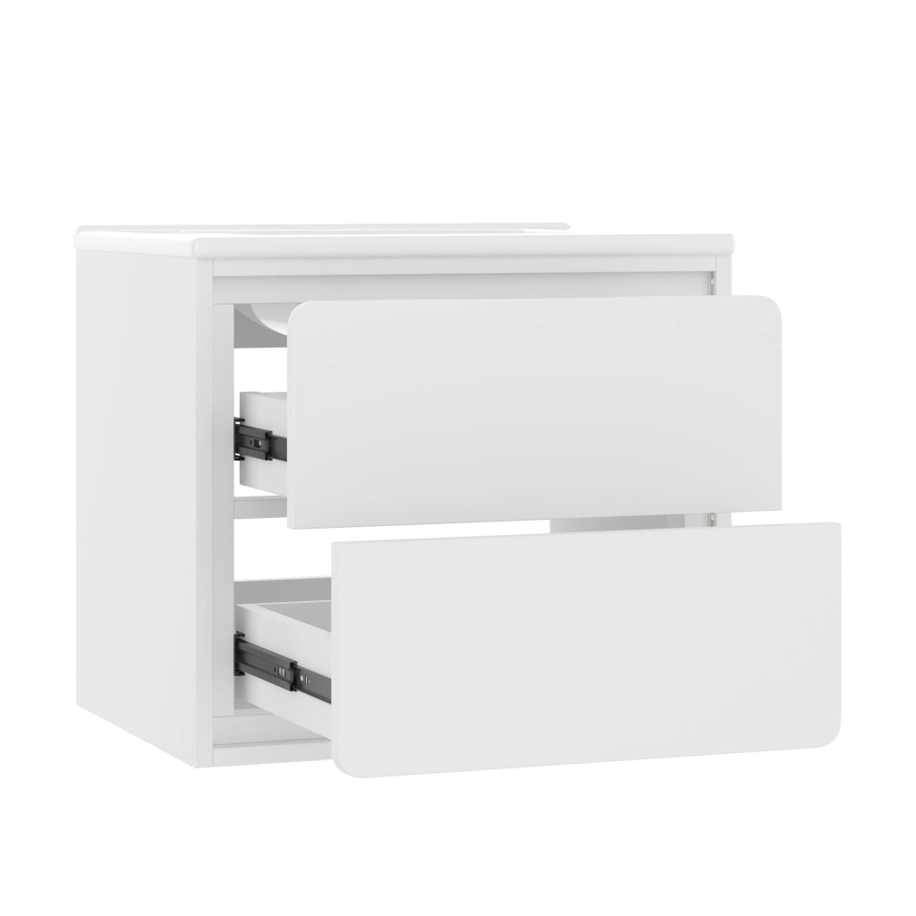 Mobile bagno sospeso 60x46x50 cm bianco con lavabo integrato in ceramica, 2 cassetti, luce LED con sensore radar, struttura in MDF