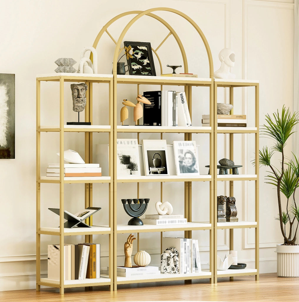 Libreria modulare a 3 pezzi 163x30x184 cm con struttura in metallo dorato e MDF bianco
