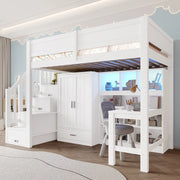Letto a soppalco 90x200 cm con scrivania, armadio e LED