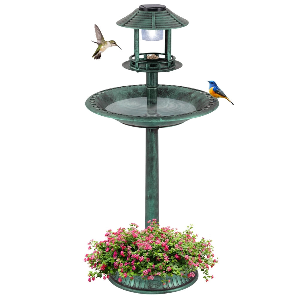 Bagno per uccelli con luce solare esterna, Mangiatoia per uccelli 3 in 1 con base per fioriera e lampada solare Bronzo-Altri animali