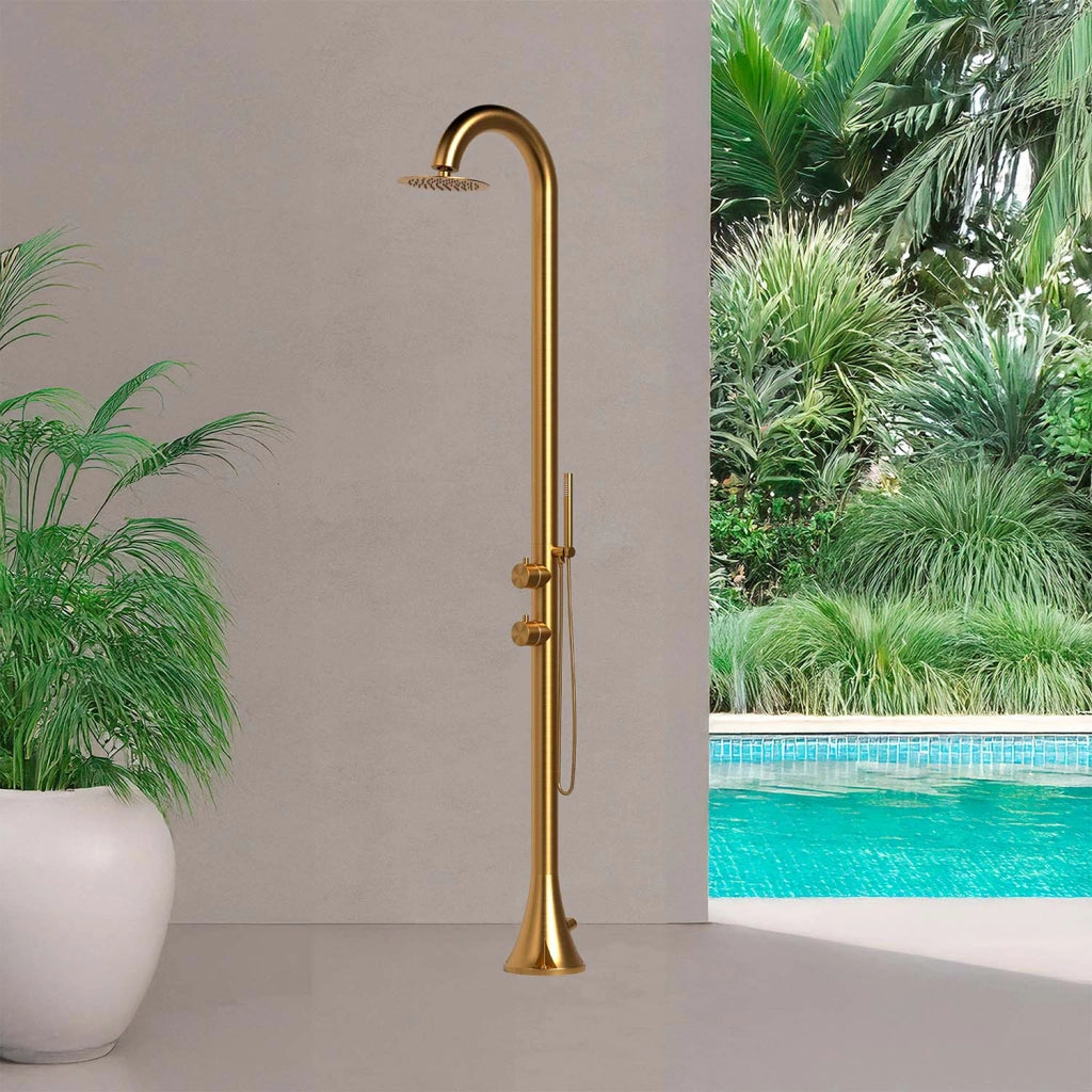 SINED Doccia in Acciaio Inox 316L Nautico Color Oro con Doccino Flessibile e Doppio Ingressi Ideale per Installazioni Esterne - Modello Luna D