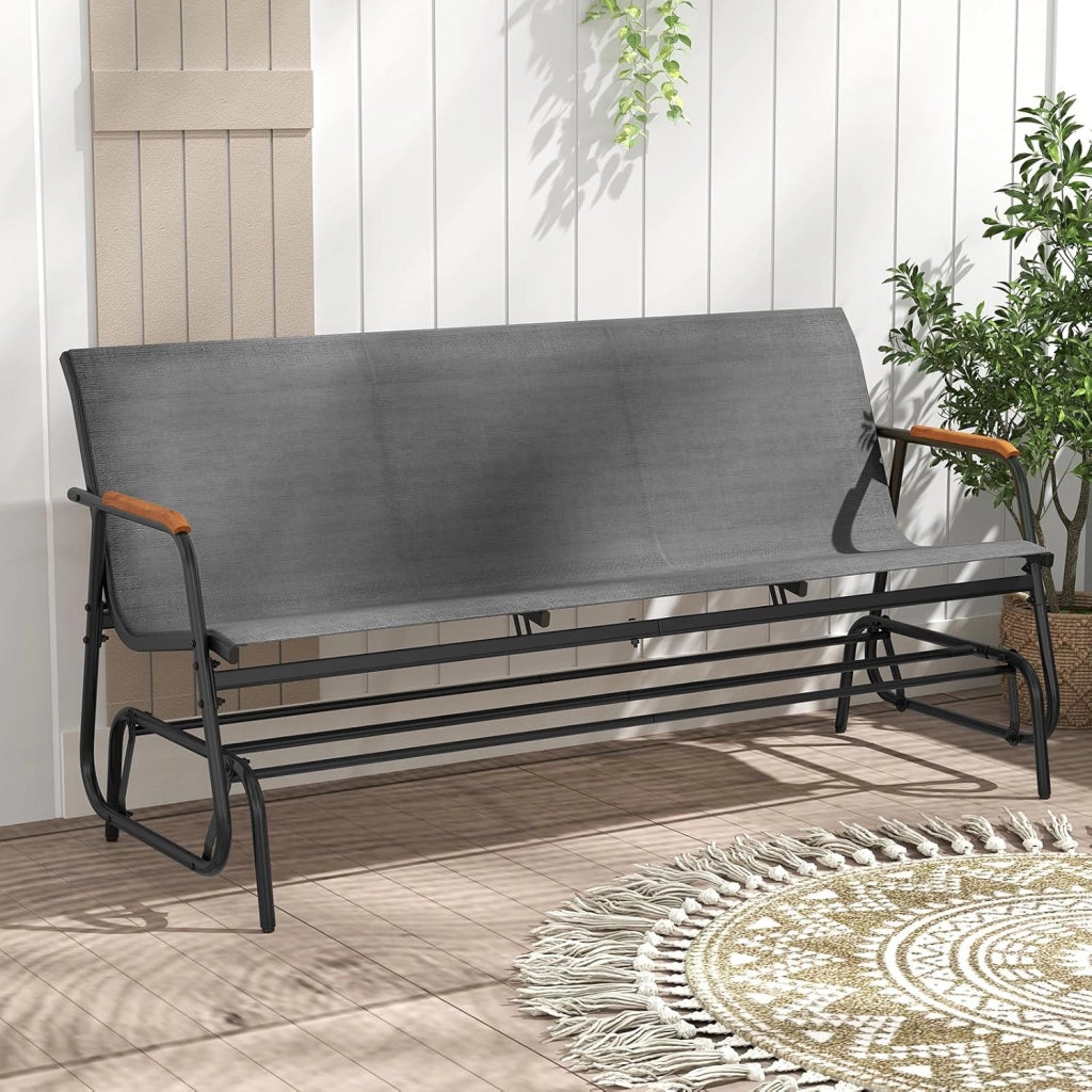 Panca a dondolo da 2/3 posti, sedia a dondolo da giardino in tessuto con braccioli curvi in legno massello, panca a dondolo con carico 300/450 kg, per terrazza, esterno (74 x 169 x 84 cm)