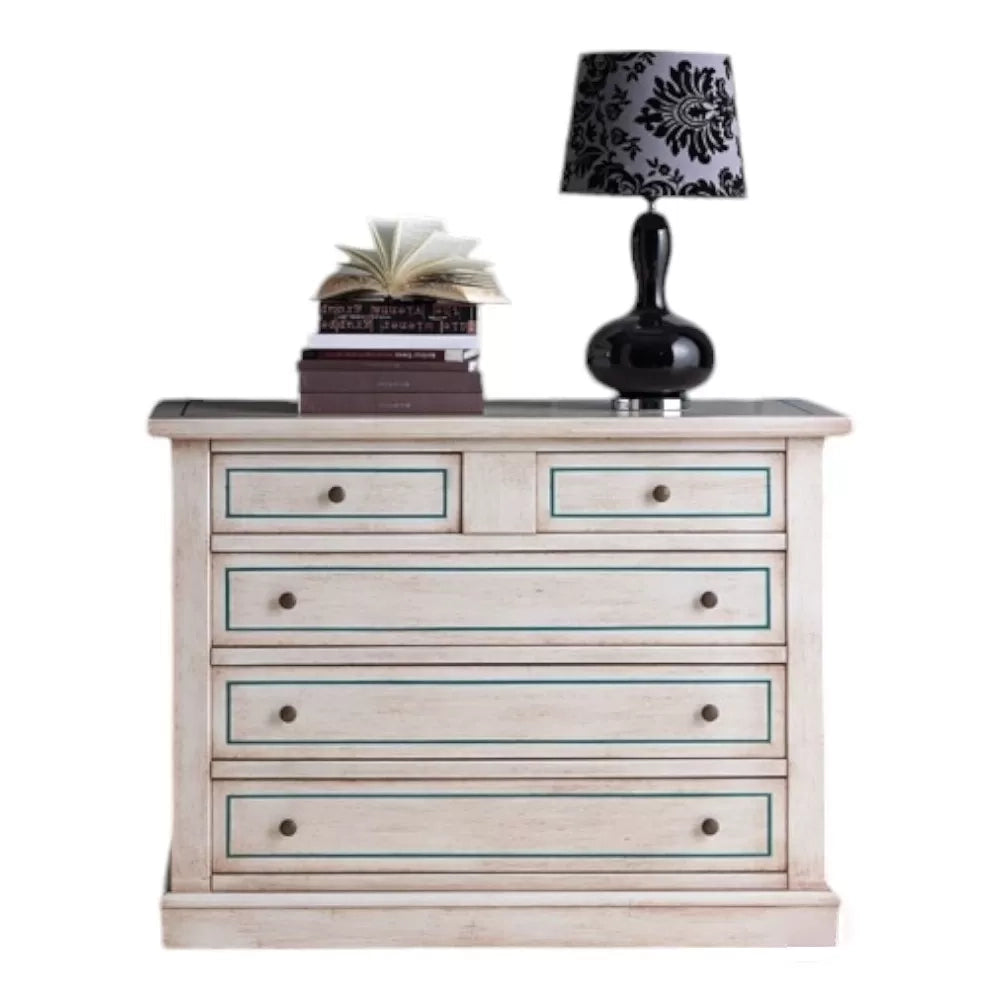 Cassettiera 5 cassetti legno shabby bianco anticato filo azzurro 117x51x101 - Mobili 2G