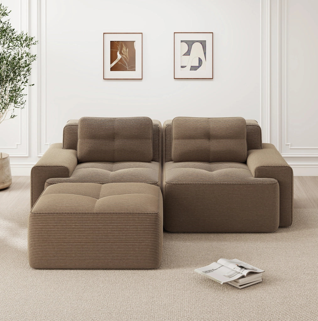Divano modulare con seduta profonda e design componibile in corduroy marrone