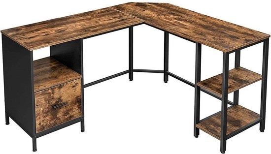 Bureau di angolo - Computerbureau - Con cassetta di caricamento - Foglio in legno - Aspetto industriale - Marrone