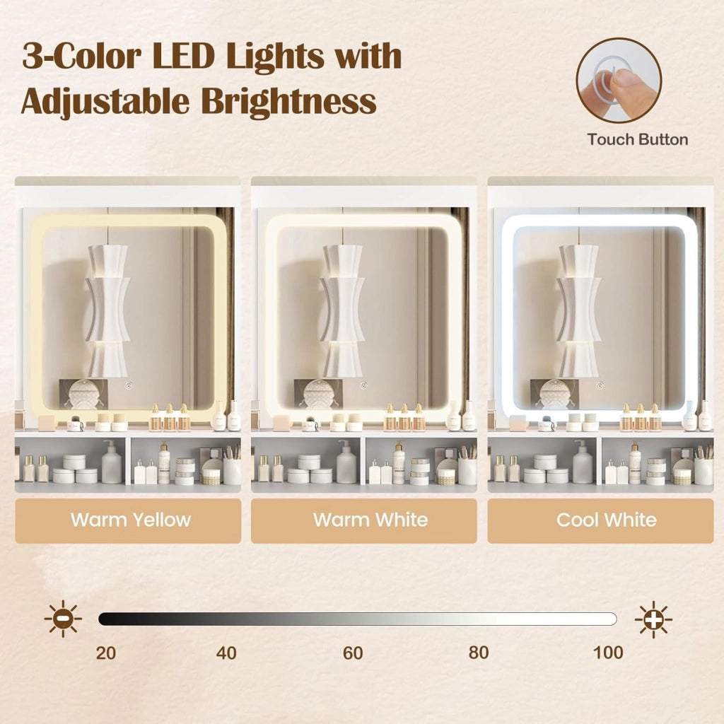 Set da toeletta con specchio e luci LED tricolore, tavolo da trucco con sgabello imbottito, stazione di ricarica, con cassetti, armadio di gioielli e ripiani, 112 x 39,5 x 145 cm, bianco