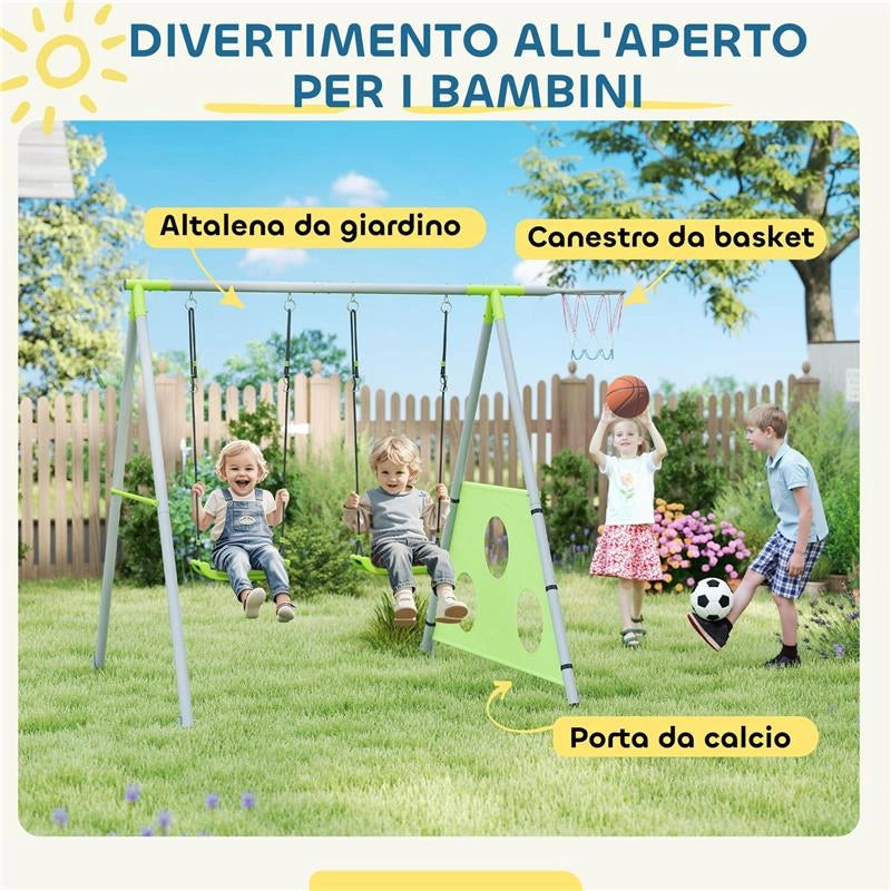 GIOCO PER BAMBINI 3 IN 1 CON ALTALENA DA GIARDINO CANESTRO E PORTA DA CALCIO 238X180X182 CM VERDE E GRIGIO
