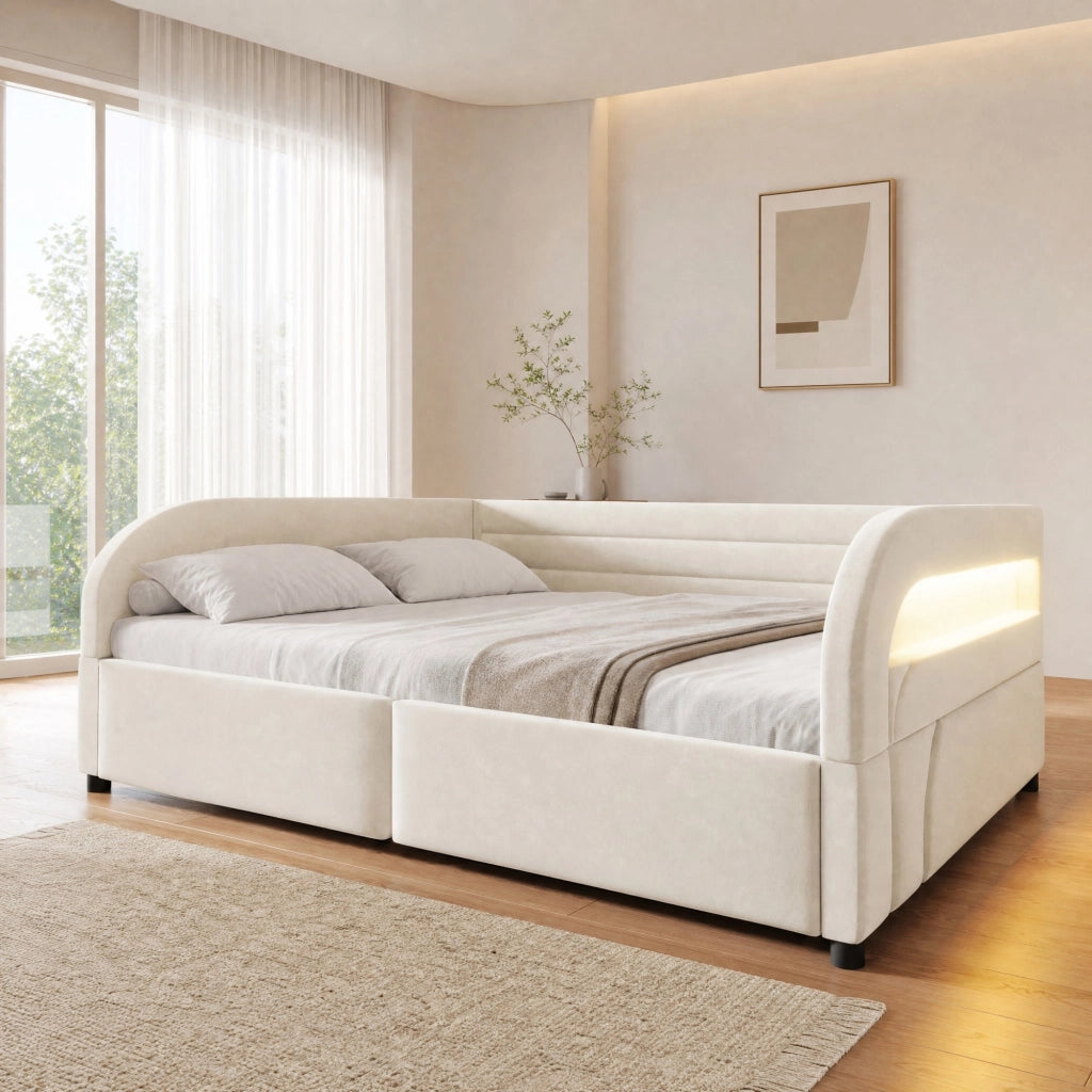 Letto imbottito 140x200 cm con contenitore idraulico e LED; in flanella beige