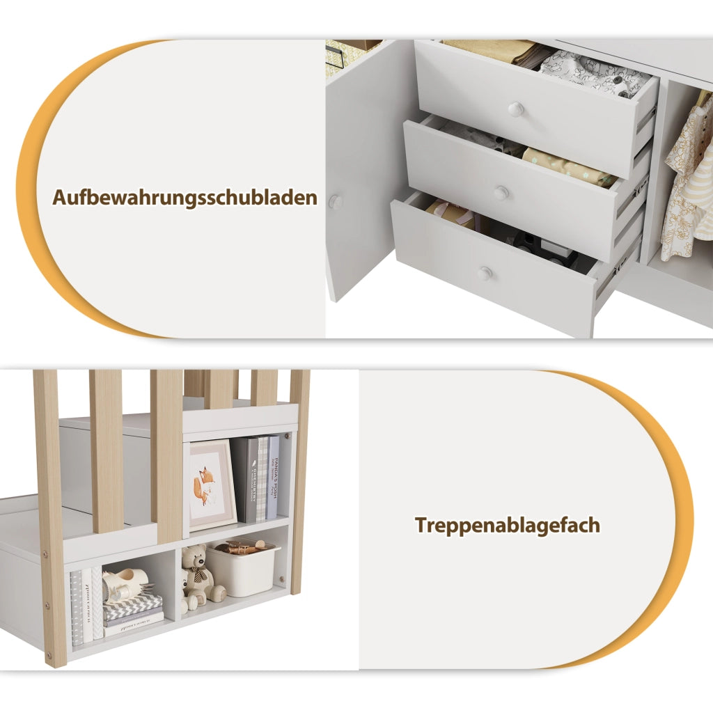 Letto a soppalco per bambini 90x200 cm con scala; cassetti e armadi; bianco