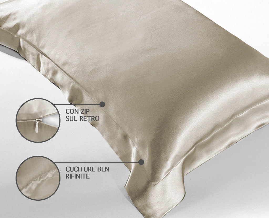 Federa 100% Seta Di Gelso 50x80Cm Certificate OekoTex Chiusura Zip Con Volant da 5 Cm Retro In Tencel Di Eucalipto Anticrespo Anti-Age Rigenerante Cromoterapia  - Crema