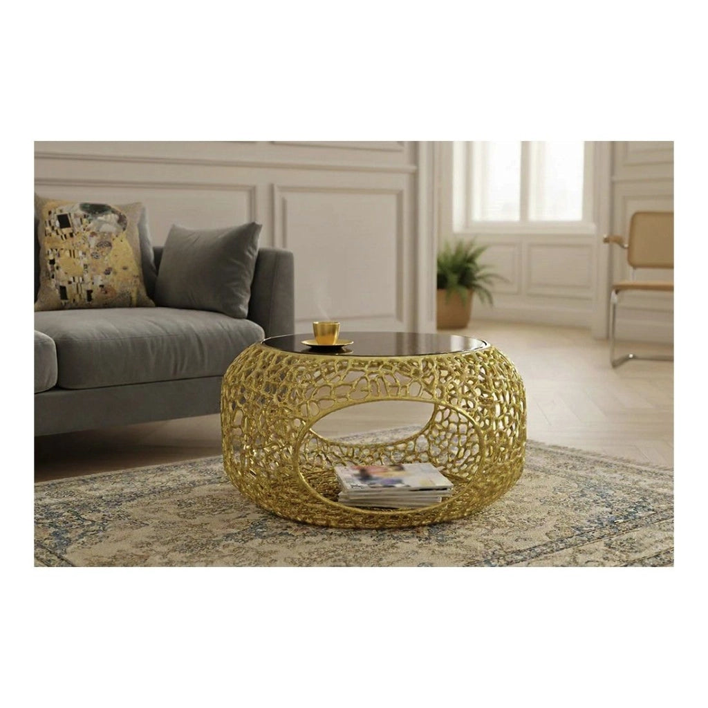 Table bassa METRIX rotonda 74 cm dorata con piano in vetro temperato nero – Tavolino design con nicchia integrata