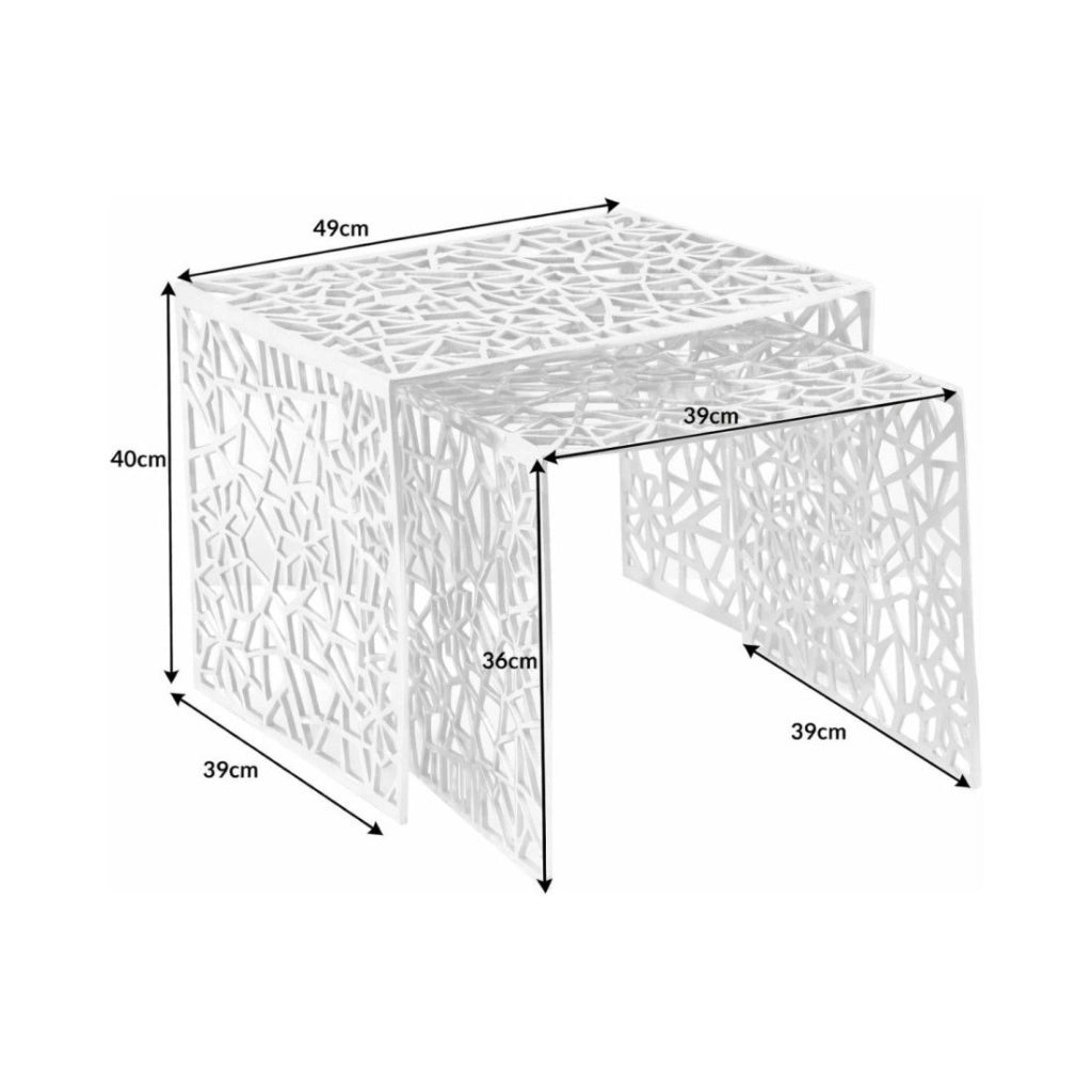 Tavolini bassi nidificati METRIX argentati – Tavolini bassi di design in alluminio con motivi geometrici