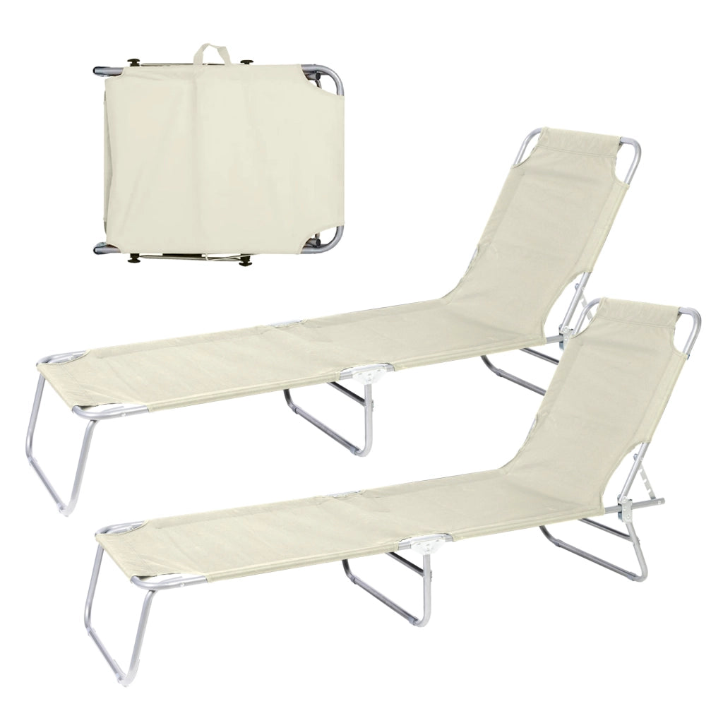 Coppia Lettini Prendisole Pieghevoli in Metallo  Reclinabili 4 Posizioni, Waterproof e Anti-UV, Portata 110 kg, Ideali per Mare Giardino Piscina Ecru