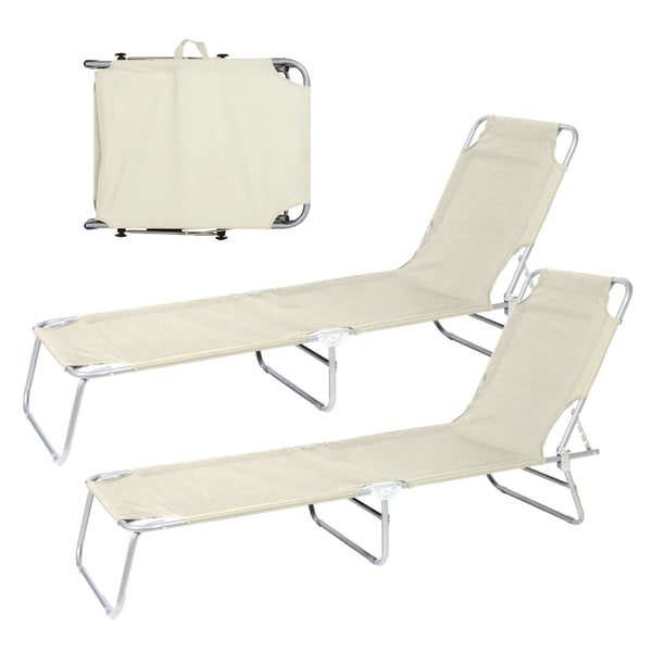 Coppia Lettini Prendisole Pieghevoli in Metallo  Reclinabili 4 Posizioni, Waterproof e Anti-UV, Portata 110 kg, Ideali per Mare Giardino Piscina Ecru