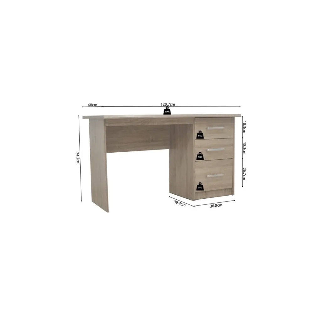 Scrivania retta PRAGA – 3 cassetti – Colore rovere sonoma – Design funzionale