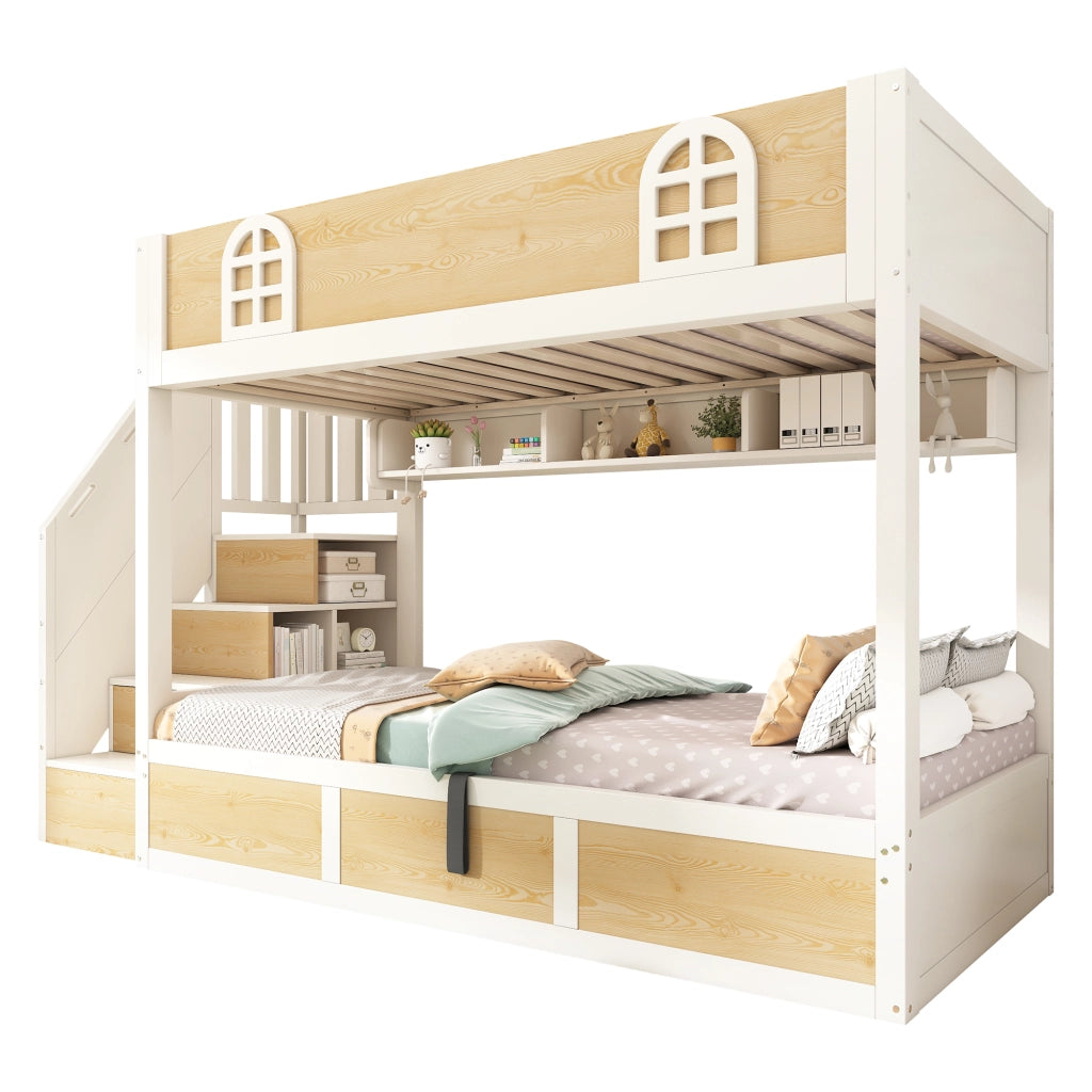 Letto a castello con scala e contenitore in legno e metallo 90x200 cm