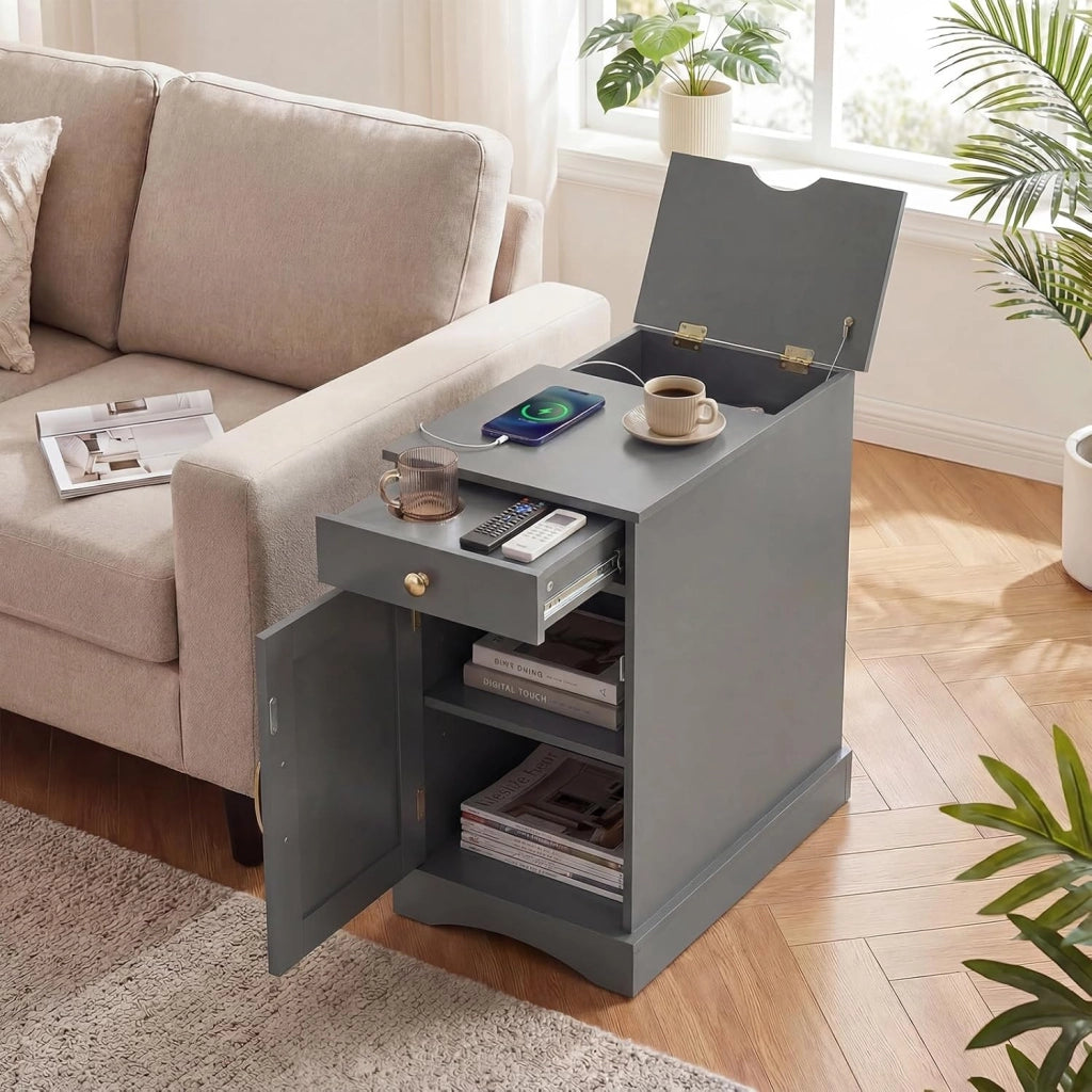Tavolino da Salotto con Stazione di Ricarica, Cassetto, Armadietto e Ripiano Regolabile, Tavolino in Legno per Soggiorno, Camera da Letto e Spazi Piccoli (Grigio)