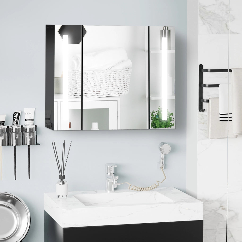 Armadietto con Specchio da Bagno a Parete in MDF con 3 Armadietti, 3 Ripiani e Luce LED, 90x15x65 cm, Nero