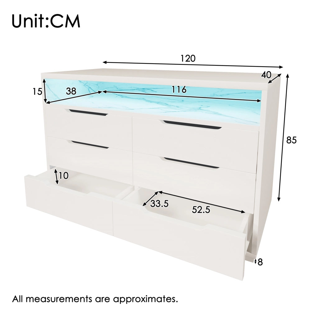 Credenza moderna con LED; 6 cassetti e vano a giorno; 120x40x85 cm; bianco