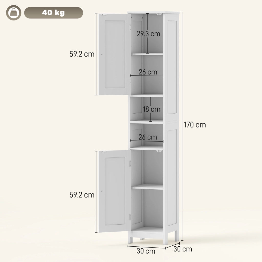Mobile Alto a Colonna Bagno 30x30x170 cm con 2 Ripiani Aperti e 2 Armadietti in Legno Bianco
