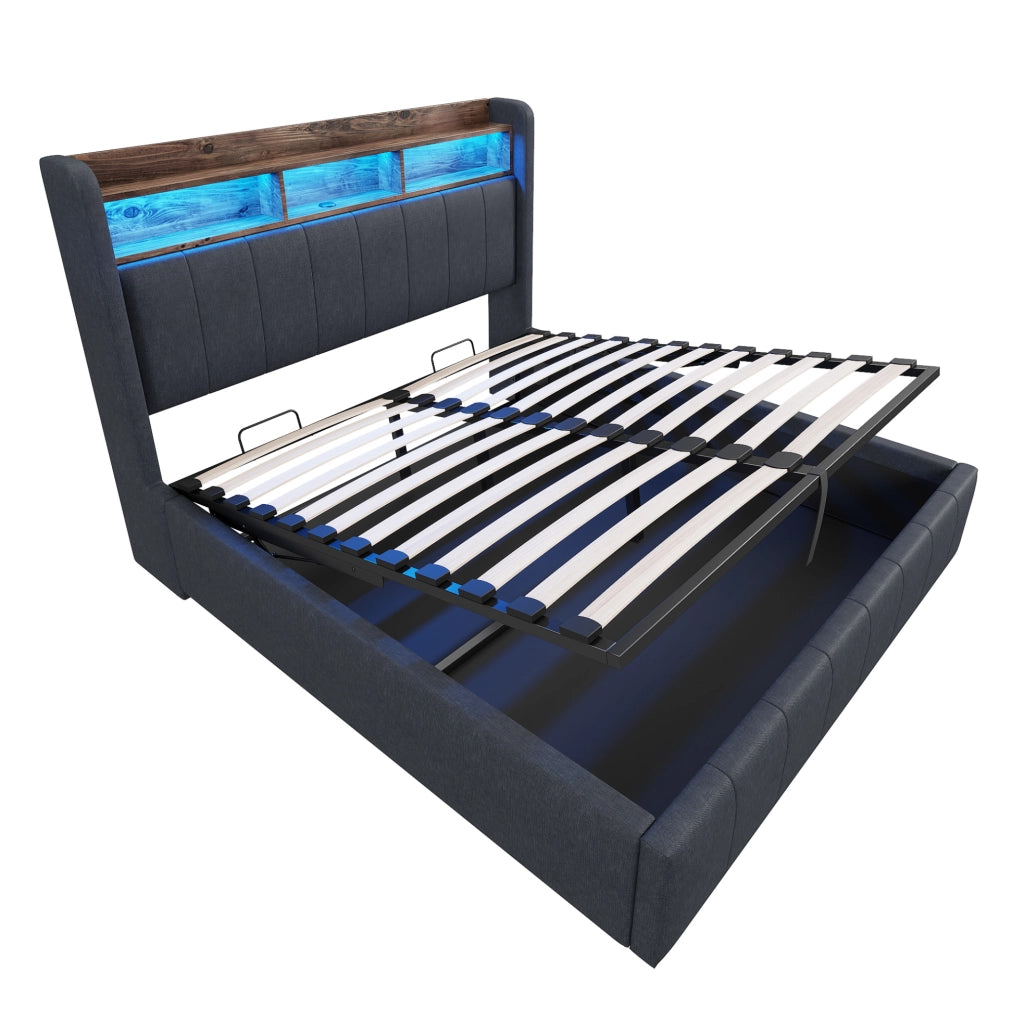 Letto imbottito 140x200 cm; LED e USB; contenitore idraulico; lino; grigio