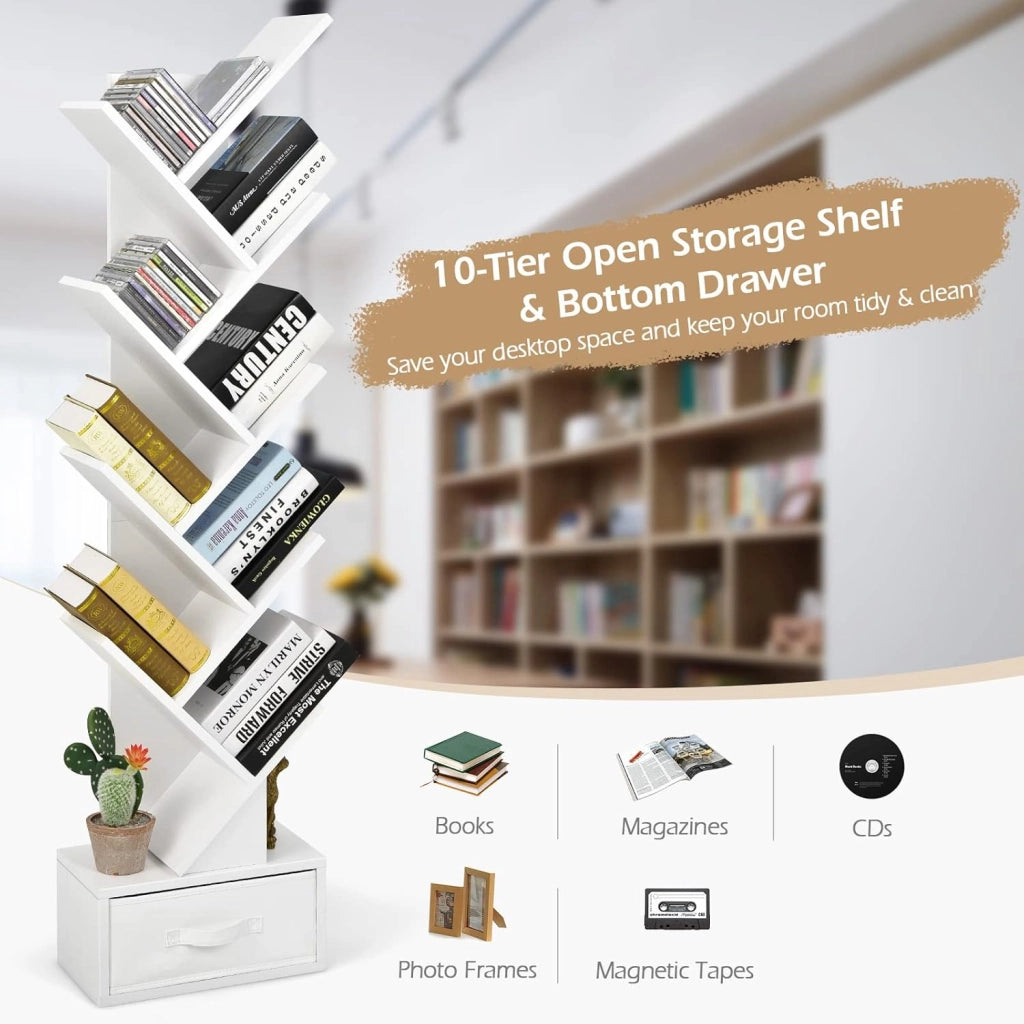 Libreria ad Albero, a 8 Ripiani, Scaffale per Libri con Cassetto Rimovibile, Design di Antiribaltamento, Organizzazione per CD, Riviste, Libri, 38x20x149,5 cm, 4 Colori (Marrone)