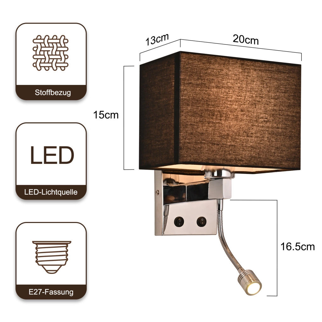 ZMH Lampada da Parete per Camera da Letto Nera Orientabile con Paralume Tessuto LED E27 Interruttore per Corridoio Letto