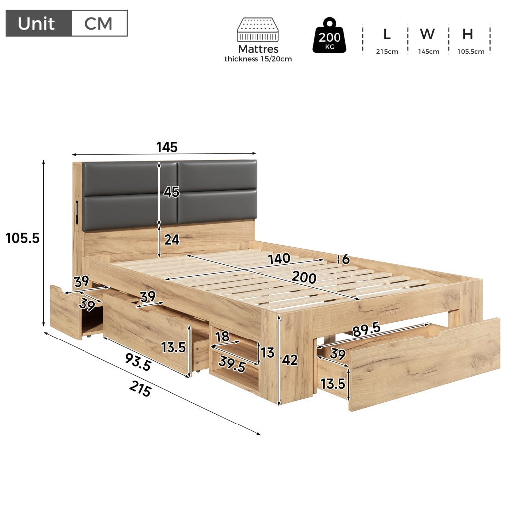 Letto contenitore 140x200 con luce USB USB-C e testiera imbottita in PU MDF naturale