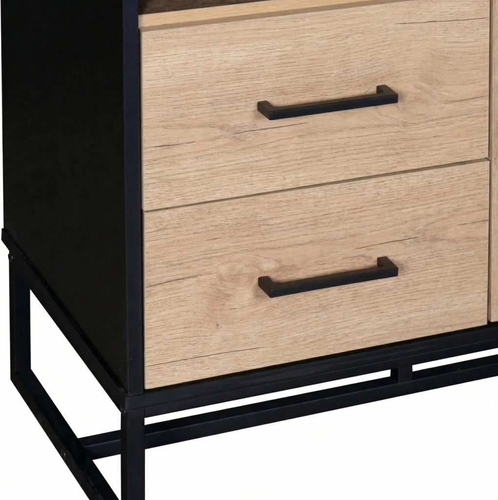 Credenza alta con 1 anta; 2 cassetti e 3 vani aperti 80x40x180 cm in MDF nero e effetto legno