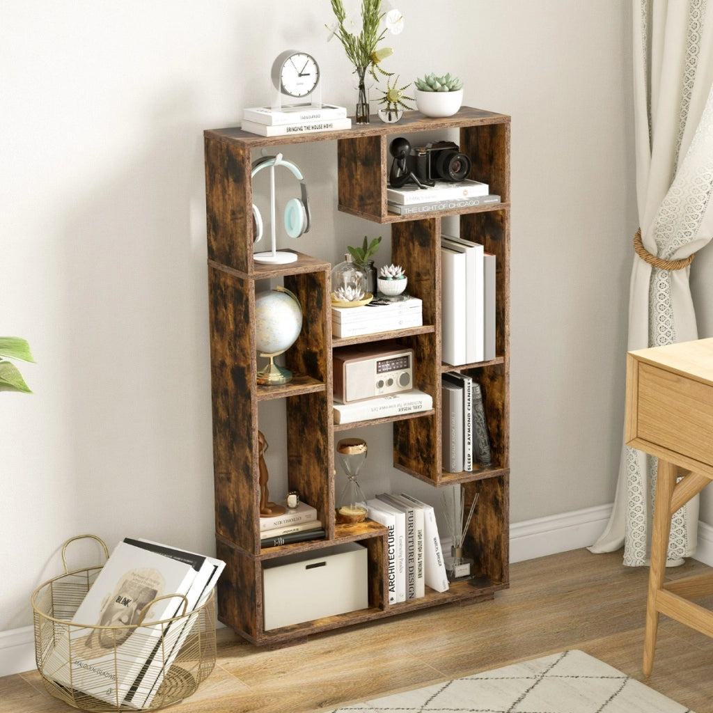 Scaffale per libri alto 120cm con ripiani aperti-Libreria geometrica con kit anti-ribaltamento per casa ufficio Marrone