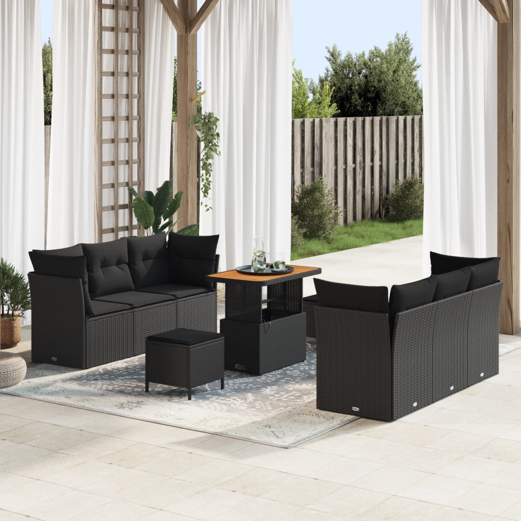 Set di divani da giardino  da 9 pezzi con cuscini in polyrattan nero e legno di acacia
