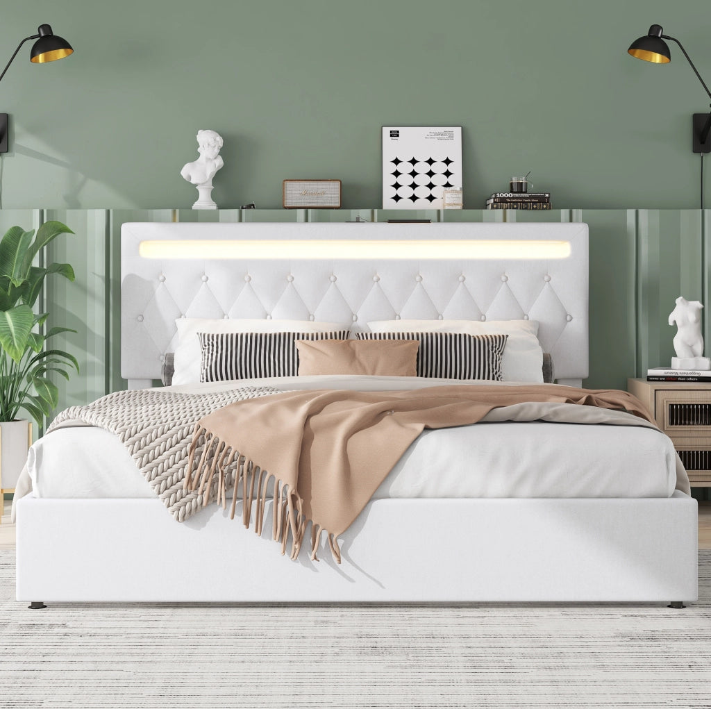 Letto matrimoniale imbottito 180x200 cm con contenitore, LED e USB