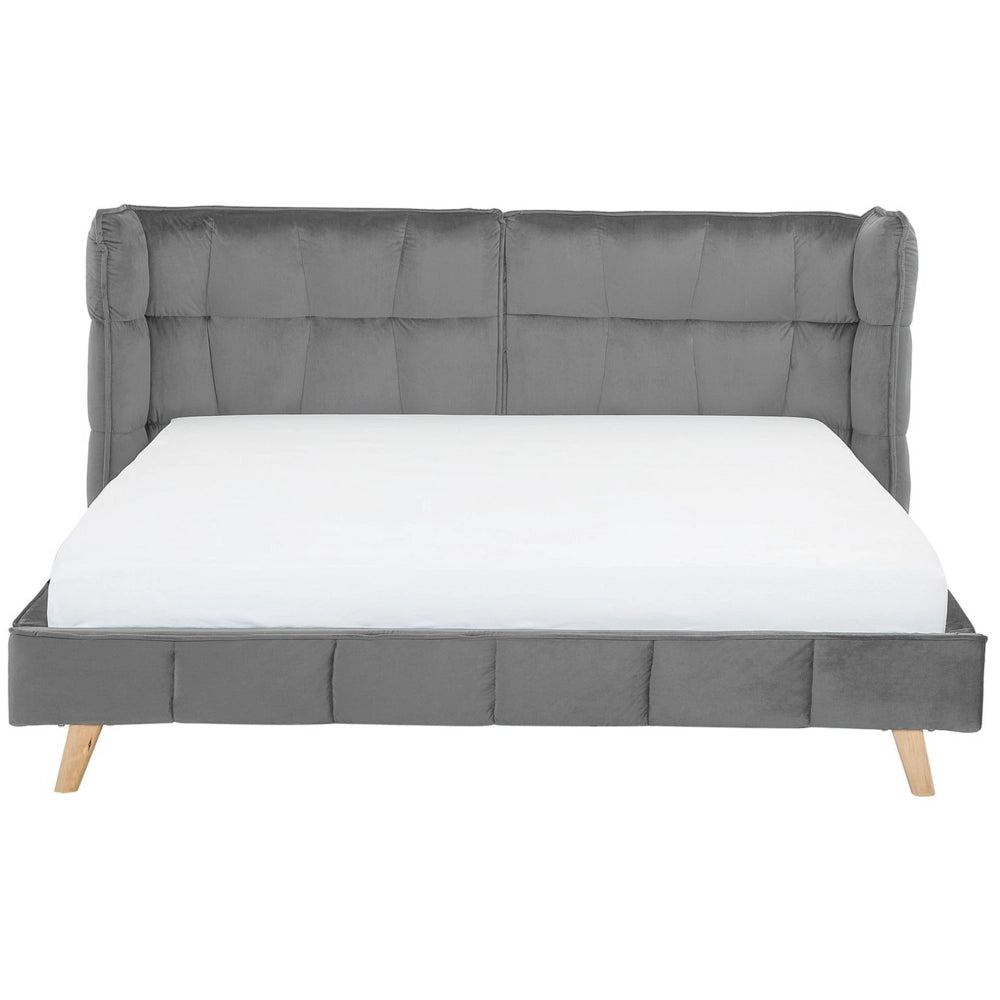 Letto Tappezzeria trapuntata in velluto grigio Gambe in legno chiaro 180 x 200 cm a doghe con testiera regolabile Wingback