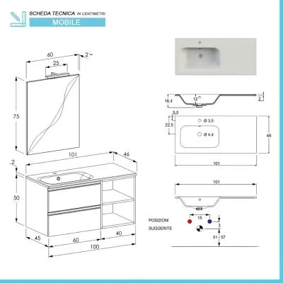 Mobile bagno sospeso 100 cm bianco opaco con cassetti e vani a giorno completo di lavabo a sinistra e specchio Master