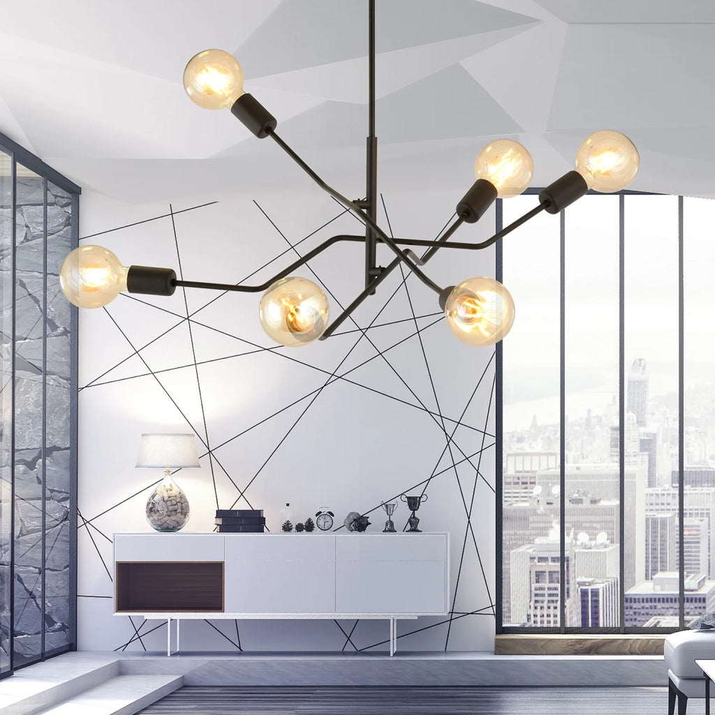 Sospensione Industrial 6 Luci Febe In Acciaio Nero E Bracci Regolabili