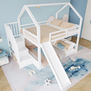 OKWISH Letto a Castello Casetta 140×200 cm, Letto Singolo con Scala Contenitore, Scivolo e Spondine, senza Materasso, Bianco