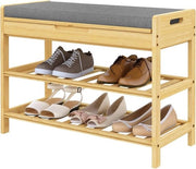 Cassa Scarpe in Bambù con Banca - 2 Strati di Riposo per Scarpe - Sedile Ripiegabile con Pieno - Banca per Scarpe con Spazio di Deposito - Per Salone, Camera da Letto o Balcone - Stabile e Comodo - 68x50x30 cm - Grigio