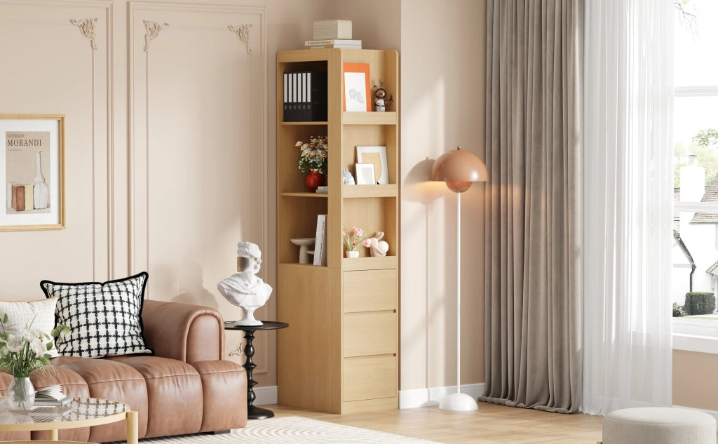 Libreria con 3 vani aperti e 3 cassetti, lato reversibile, con sicurezza antiribaltamento, rovere, 60 × 40 × 200 cm