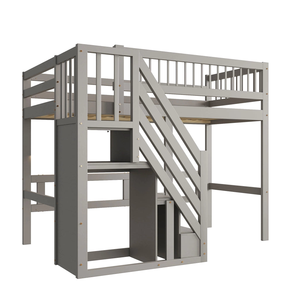 Letto a soppalco 90x200 cm con scala portaoggetti in legno grigio