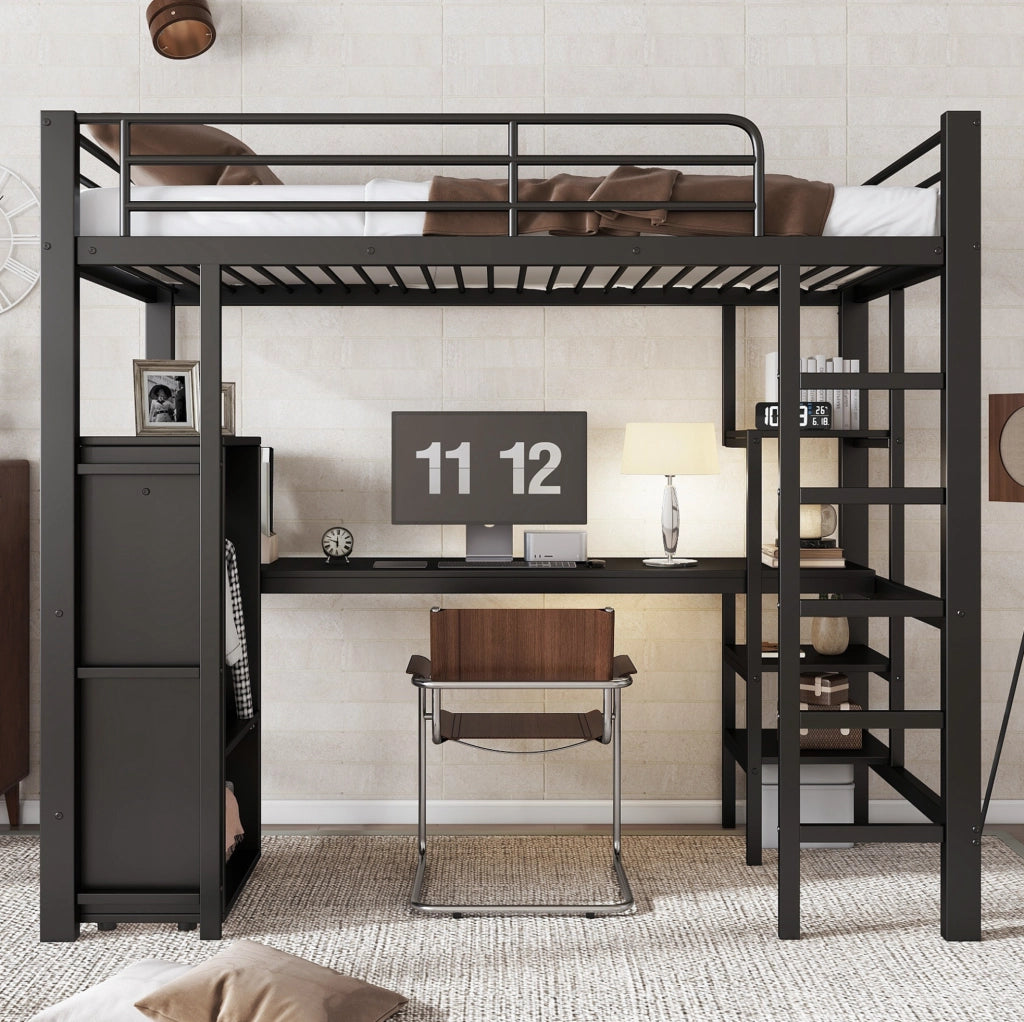 Letto a castello in ferro nero con scrivania, armadio e scala a 5 gradini, 90x200 cm