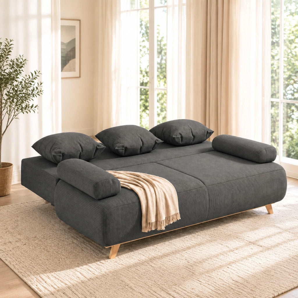 Divano letto 3 posti con contenitore e schienale regolabile; 188x140 cm; grigio