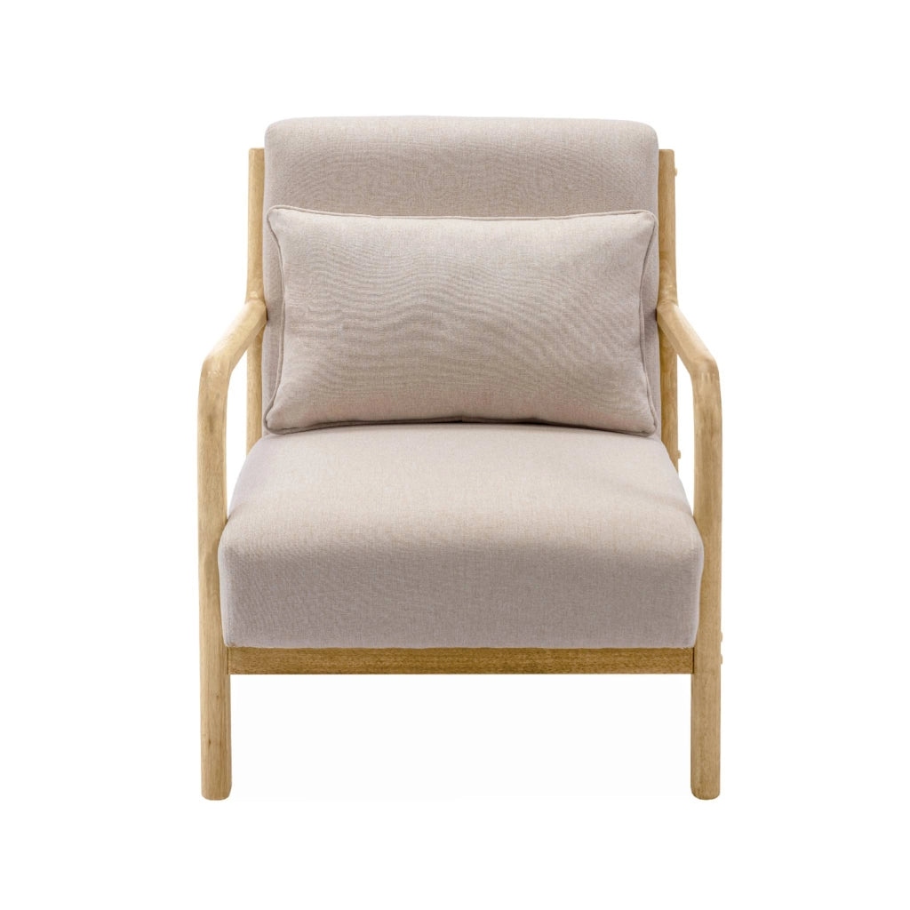 Poltrona scandinava in legno e tessuto con braccioli, beige