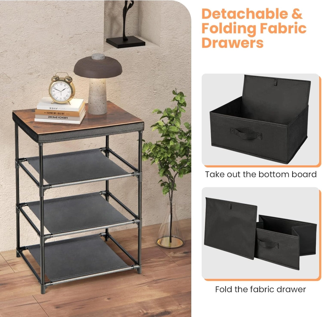 Armadietto a 3 Cassetti, Cassettiera Verticale con Contenitori in Tessuto Pieghevoli e Rimovibili, Comò in Stile Industriale per Camera da Letto, Soggiorno e Ufficio, Nero (Nero 2)