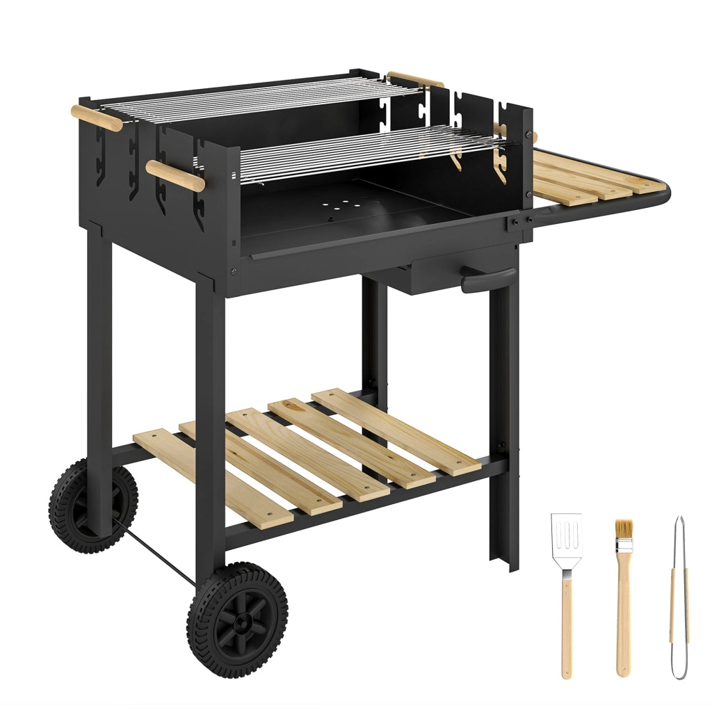 Carrello per Barbecue in Legno con 2 Griglie Regolabili ¨C zephmum ¨C Nero