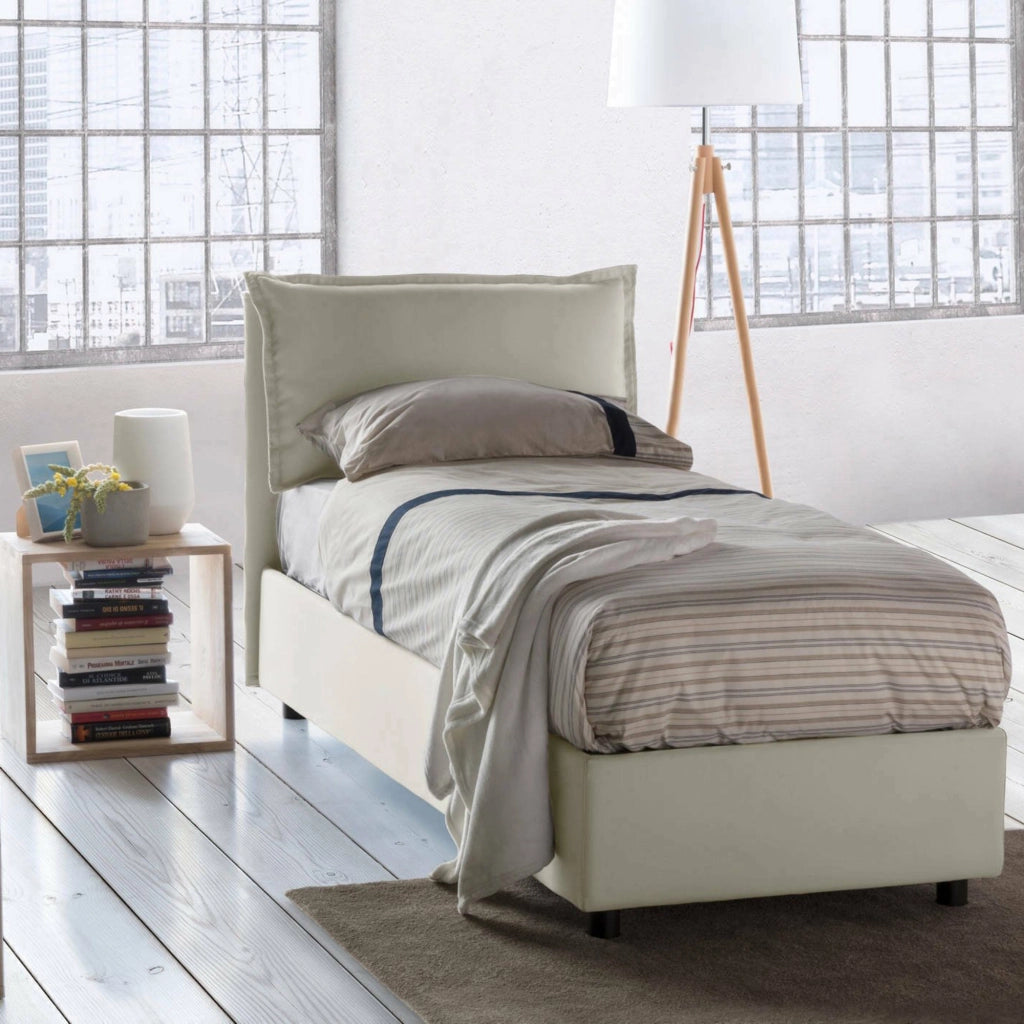 Letto singolo Animal, Letto contenitore con rivestimento in tessuto, Made in Italy, Apertura frontale, con materasso cm 90x190 incluso, Beige
