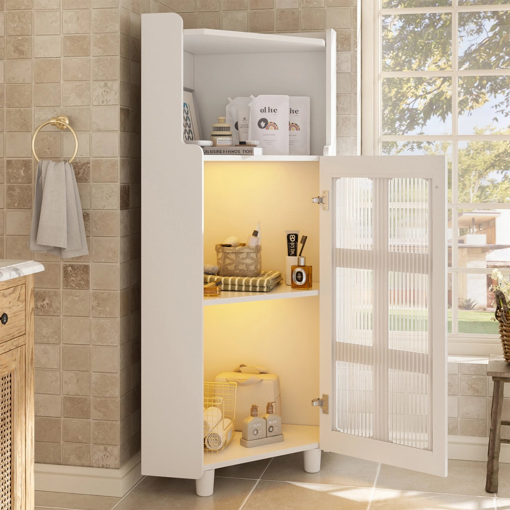 Mobile angolare con LED e 1 vano aperto, armadietto in vetro a 2 livelli, per soggiorno, bagno e cucina, in MDF, bianco, 63,5 × 124 cm